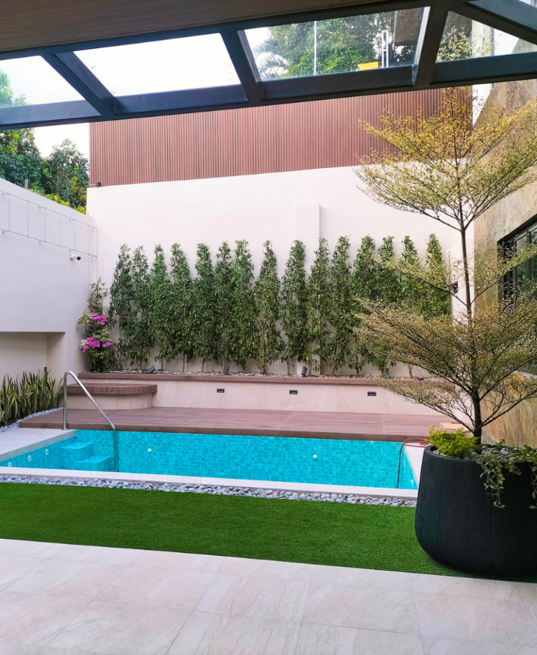 Elegant plunge pool in Tierra Bella, Tandang Sora, QC, featuring vertical landscaping, minimalist design, and a relaxing private retreat.