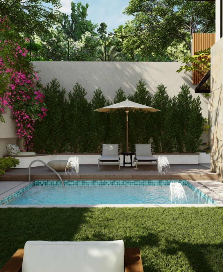 Modern home with a beautifully landscaped garden, large glass windows, and a natural wood-accented exterior for a seamless indoor-outdoor connection.